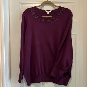 NEW Terra & Sky Womens Sweater 1X Tight Knit Bedazzled Ribbed Crew Neck Cuff Hem